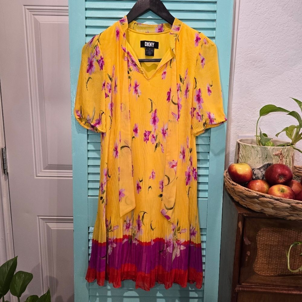 DKNY Yellow and Purple Floral Midi Dress